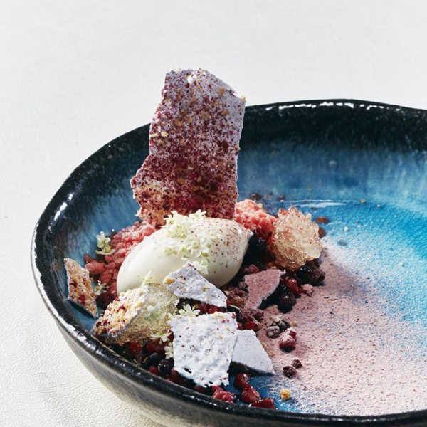 Dessert at The Test Kitchen will be something like this magnificent bowl of summer berries, elderflower ice cream, strawberry-and-coconut meringue and berry-and-lime snow. © The Test Kitchen
